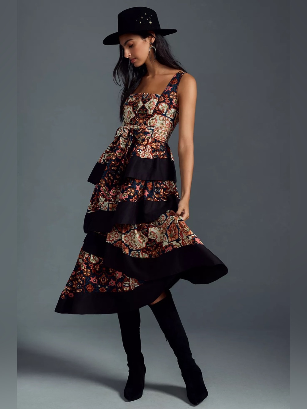 By Anthropologie Square-Neck Tiered Midi Dress